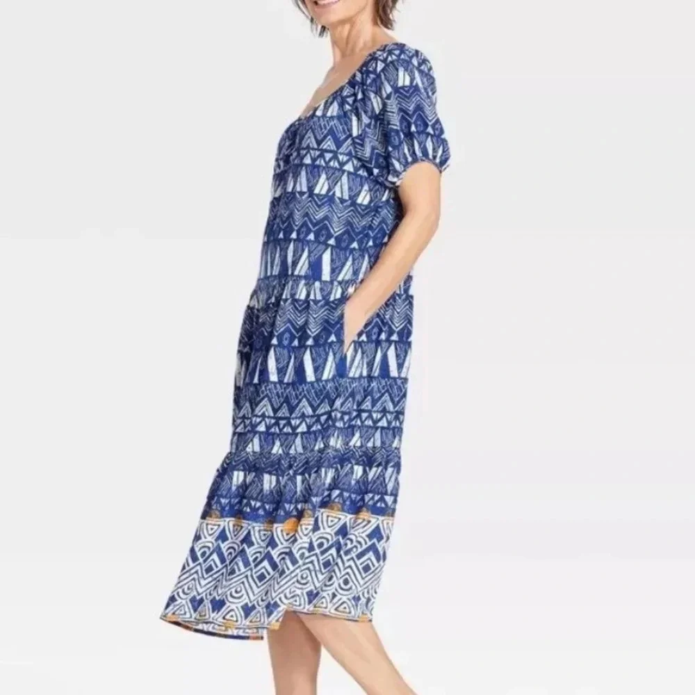 Knox Rose A-Line Blue Geometric Short-Sleeve Midi‎ Dress. Size Large. - Picture 11 of 13